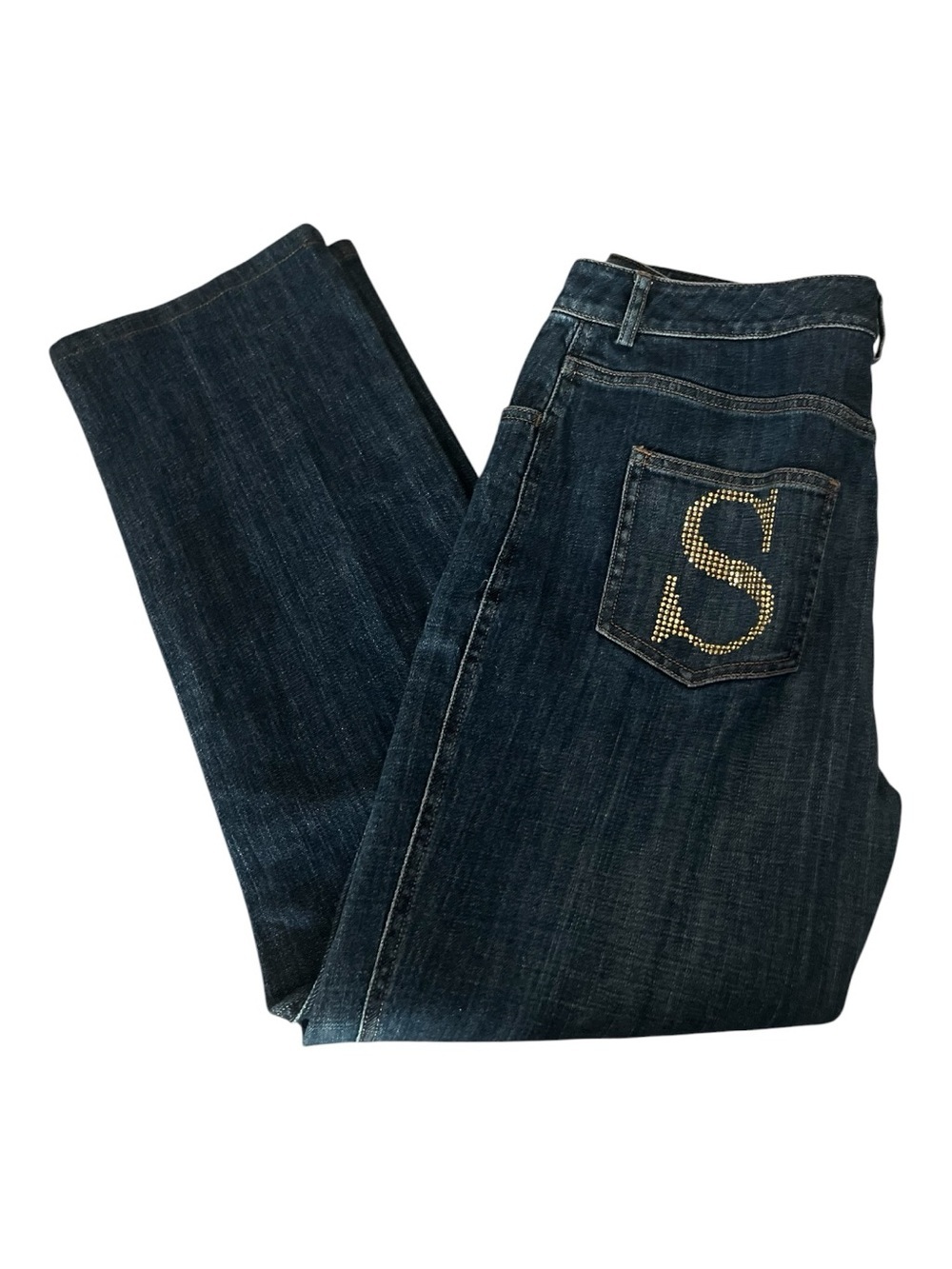 St. John Dark Indigo Straight-Leg Jeans with Gold Stud 'S' Pocket